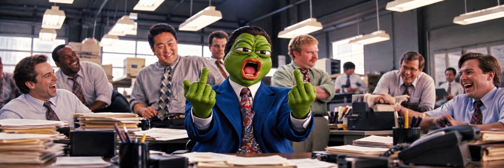 Wall Pepe disrupting an office full of laughing coworkers